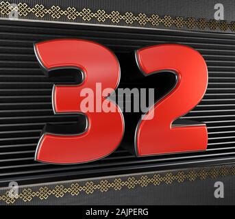 Rote Zahl 32 (Nummer 32) mit goldenen Symbole endloser Knoten. 3D-Darstellung Stockfoto