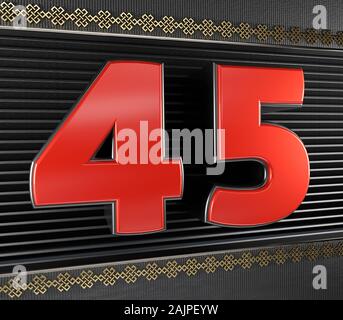 Rote Zahl 45 (Nummer 45) mit goldenen Symbole endloser Knoten. 3D-Darstellung Stockfoto
