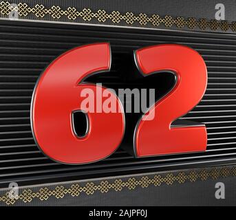 Rote Zahl 62 (Nummer 62) mit goldenen Symbole endloser Knoten. 3D-Darstellung Stockfoto