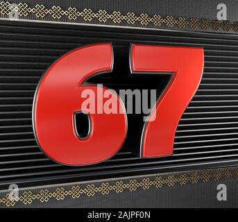 Rote Zahl 67 (Nummer 67) mit goldenen Symbole endloser Knoten. 3D-Darstellung Stockfoto