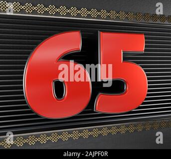 Rote Nummer 65 (Nummer 65) mit goldenen Symbole endloser Knoten. 3D-Darstellung Stockfoto