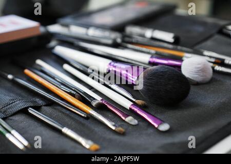 Make-up-Pinsel Set im Koffer. Viele verschiedene Make-up-Pinsel. Stockfoto