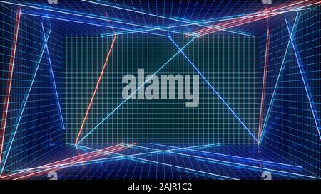 Abstraktes blau-rotes Interieur mit Neonlicht. Leuchtstofflampe. Futuristische Architektur Hintergrund. 3d-Illustration von Neonlampen, die beleuchten Stockfoto