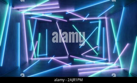 Abstrakte Einrichtung mit blau- und rosafarbenen Neonlicht. Leuchtstofflampe. Futuristische Architektur Hintergrund. 3D-Illustration Neonröhren, innere Leuchten Stockfoto