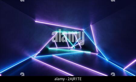 Abstrakte Einrichtung mit blau- und rosafarbenen Neonlicht. Leuchtstofflampe. Futuristische Architektur Hintergrund. 3D-Illustration Neonröhren, innere Leuchten Stockfoto