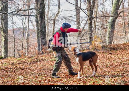 Jäger mit Waffe Jagd und Hund jagen im Wald Stockfoto