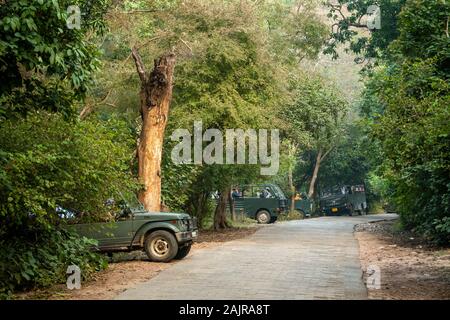 Ranthambore, Rajasthan/Indien - vom 18. Dezember 2019: Naturliebhaber, Fotografen, Touristen warten auf Tiger und jungen in Safari Fahrzeuge Gipsy Stockfoto