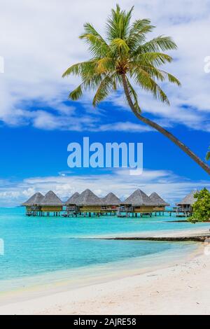 Bungalows über dem Wasser von tropischem Resort, Bora Bora Island, in der Nähe von Tahiti, Französisch Polynesien. Stockfoto