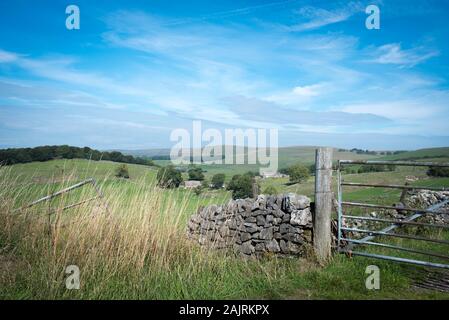 Blick über den Peak District, Derbyshire, Bauernhof Eintrag Felder durch Tor auf den Hügeln - 2018 Stockfoto