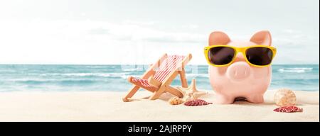 Sparschwein auf Urlaub. Geld sparen - Konzept Stockfoto