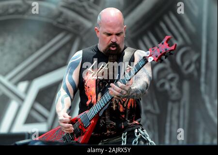 Mailand, Italien, 06. Juli 2011, Live Konzert der "Big 4" an der "Arena Concerti Fiera Milano": der Gitarrist der Band Slayer, Kerry King, während des Konzerts Stockfoto