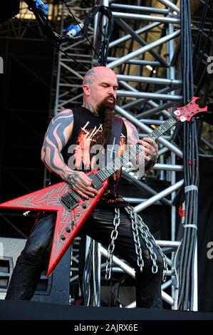 Mailand, Italien, 06. Juli 2011, Live Konzert der "Big 4" an der "Arena Concerti Fiera Milano": der Gitarrist der Band Slayer, Kerry King, während des Konzerts Stockfoto