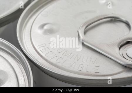 Nahaufnahme aus gebürstetem Aluminium Ring Lasche von einer leicht geöffneten Dose Essbare Insekten aus Thailand. Metapher geniale, einfache offene Lebensmittel Verpackung Stockfoto