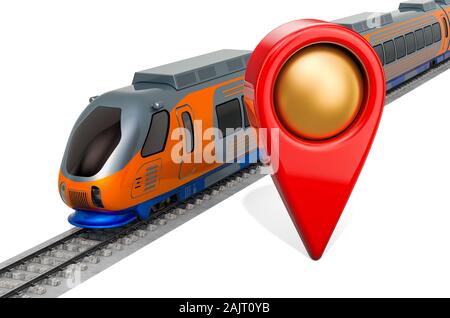 Bahnhof Lage Konzept. Kartenzeiger mit Zug, 3D-Rendering auf weißem Hintergrund Stockfoto