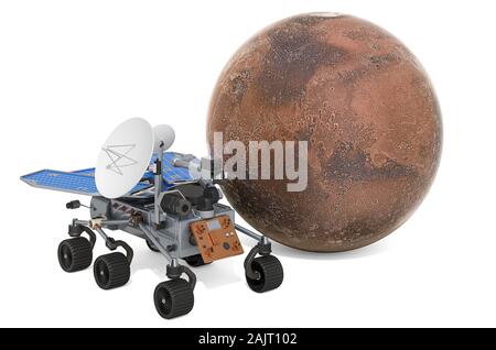 Mars Rover, planetare Rover mit Mars Planeten. 3D-Rendering auf weißem Hintergrund Stockfoto