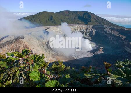 Poas Vulkan Krater an einem sonnigen Tag in Poas Volcano National Park in Costa Rica Stockfoto