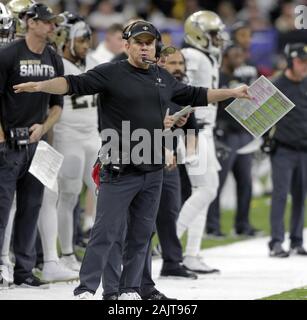 New Orleans, USA. 05 Jan, 2020. New Orleans Saints Headcoach Sean Payton Gesten auf dem Nebenerwerb im vierten Quartal des NFC Wild Card Game gegen die Minnesota Vikings an der Mercedes-Benz Superdome in New Orleans am Sonntag, 5. Januar 2020. Foto von AJ Sisco/UPI Quelle: UPI/Alamy leben Nachrichten Stockfoto