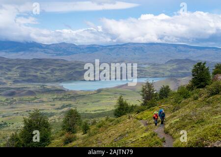 Wanderer auf dem berühmten W Trek im Torres del Paine Nationalpark in Patagonien, Chile, Südamerika. Stockfoto