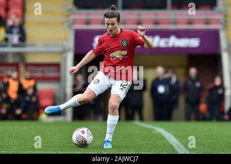 Leigh, UK. 05 Jan, 2020. LEIGH, ENGLAND - 5. Januar Hayley Ladd von Manchester United Frauen während Super das Barclays FA Women's League Spiel zwischen Manchester United und Bristol City bei Leigh Sport Stadion, Leigh am Sonntag, den 5. Januar 2020. (Credit: Eddie Garvey | MI Nachrichten) das Fotografieren dürfen nur für Zeitung und/oder Zeitschrift redaktionelle Zwecke verwendet werden, eine Lizenz für die gewerbliche Nutzung Kreditkarte erforderlich: MI Nachrichten & Sport/Alamy leben Nachrichten Stockfoto