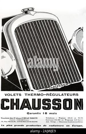 Alte Werbung, Vintage Werbung oder Werbung für Chausson Autokühler Anzeige 1929 Stockfoto