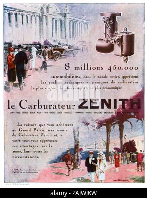 Alte Werbung für Zenith Vergaser in der Belle Epoque Ära in Nizza Frankreich mit der 'Promenade des Anglais', das Pier Jetty und Art déco-Fassade des Palais de la Mediterranée oder Casino Hotel, Alpes-de-Haute-Provence, Côte-d'Azur oder französischen Riviera Frankreich. Werbung 1927 Stockfoto