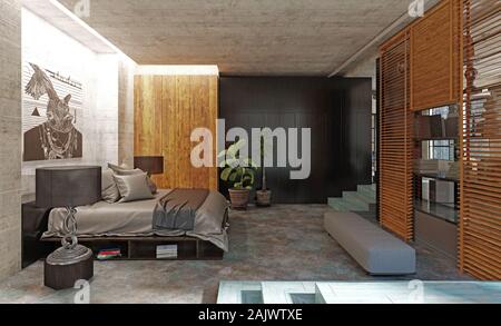 Moderne loft Schlafzimmer Innenraum. 3D-rendering Konzept Stockfoto