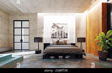 Moderne loft Schlafzimmer Innenraum. 3D-rendering Konzept Stockfoto