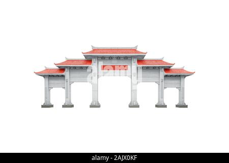 Chinesischer Pavillon Tor mit roten Dach über weißem Hintergrund Stockfoto