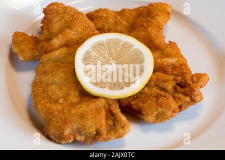 Leckeren Wiener Schnitzel oder Wiener Schnitzel auf eine weiße Platte mit einer Zitrone Rad, traditionelle österreichische Küche Stockfoto