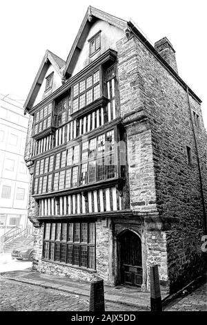 Veranschaulichung der Merchants House auf der Plymouth historische Barbican; Schwarz/Weiß-Bild Stockfoto