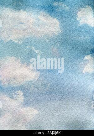 Aquarell blauer Himmel mit flauschigen weissen Wolken, hand Painted Sky Vorlage Stockfoto