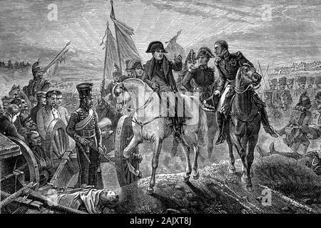 Napoleon in der Schlacht bei Friedland, Preußen. Der Kaiser erteilen Anweisungen an die allgemeine Nicolas Oudinot. 14. Juni 1807. Entscheidende Sieg Frankreichs. Ant Stockfoto