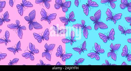 Schmetterling nahtlose Muster eingestellt. Schmetterlinge fliegen isoliert auf Blau und Rosa Hintergrund. Abstrakte Fläche Design. Vektor Hand gezeichnet lieferbar Stock Vektor