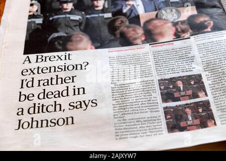 "Eine Brexit Verlängerung? Ich würde lieber in einem Graben tot sein, sagt Johnson" Boris Johnson Guardian Schlagzeile 6 September 2019 London England Großbritannien Stockfoto
