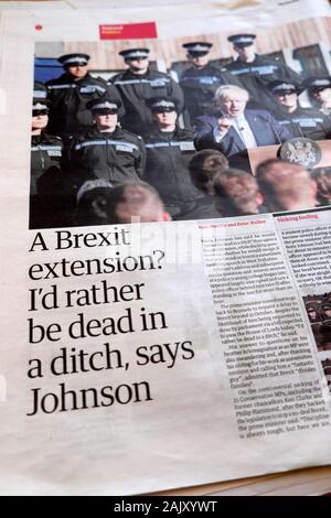 "Eine Brexit Verlängerung? Ich würde lieber in einem Graben tot sein, sagt Johnson" Boris Johnson Guardian Schlagzeile 6 September 2019 London England Großbritannien Stockfoto