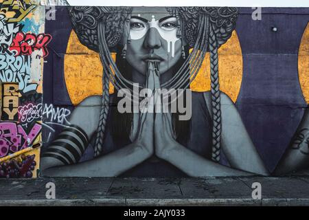 Erkunden Sie kunstvolle Graffitis im Hipperviertel Wynwood in Miami mit seinen Wynwood-Wänden (Miami, Florida, USA) Stockfoto