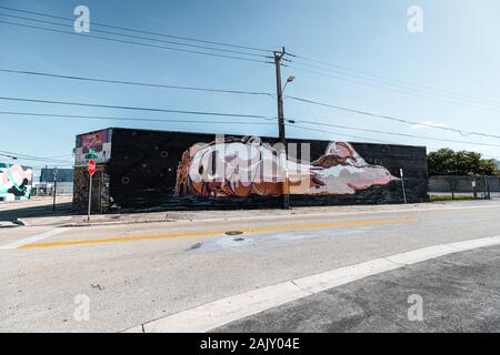 Erkunden Sie kunstvolle Graffitis im Hipperviertel Wynwood in Miami mit seinen Wynwood-Wänden (Miami, Florida, USA) Stockfoto