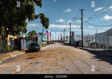 Erkunden Sie kunstvolle Graffitis im Hipperviertel Wynwood in Miami mit seinen Wynwood-Wänden (Miami, Florida, USA) Stockfoto