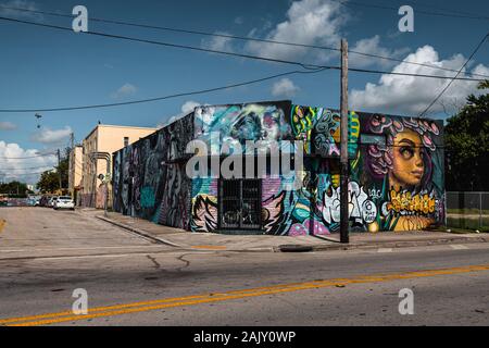 Erkunden Sie kunstvolle Graffitis im Hipperviertel Wynwood in Miami mit seinen Wynwood-Wänden (Miami, Florida, USA) Stockfoto