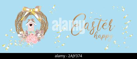 Ostern Banner. Werbung Plakat. Ostern. Frühling Urlaub. Die christliche Religion. Ein Kranz aus Zweigen auf blauem Hintergrund. Vogelhaus. Vektor Stock Vektor