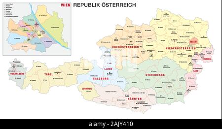 Neue administrative und politische Karte von Österreich in deutscher Sprache 2020 Stock Vektor