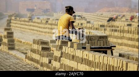 Haufen rohe Ziegel. rohe Ziegel sind bereit für die endgültige Prozess. Brick Arbeiter sammelt sie für den Prozess. Stockfoto