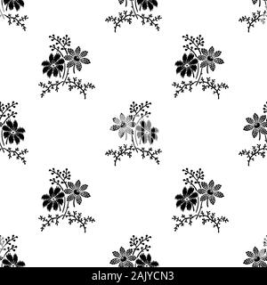 Holzschnitt gedruckten Monochrom nahtlose floralen Muster. Vektor ethnischen Ornament, traditionelle russische Motiv mit Blumen, schwarz auf weißem Hintergrund Stock Vektor