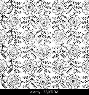 Nahtlose Holzschnitt gedruckten Schwarzweiß-floralen Muster. Traditionelle ethnische gepunktete Ornament von Russland, schwarz auf weißem Hintergrund. Textile Design. Stock Vektor