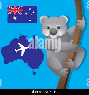 Tier Koala Australien, das Flugzeug Zweig der australischen Flagge auf isolierten Hintergrund. Vektorbild Stock Vektor