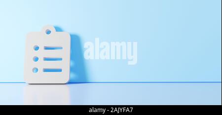 3D-Rendering des weißen Symbol der Zwischenablage Liste mit drei Zeilen Symbol lehnte sich auf auf Farbe Wand mit unscharfen Reflexion mit leeren Raum auf der rechten Seite Stockfoto