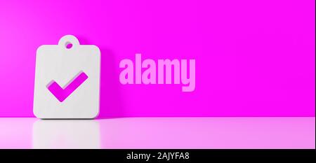 3D-Rendering des weißen Symbol der Zwischenablage mit ob das Symbol lehnte sich auf auf Farbe Wand mit unscharfen Reflexion mit leeren Raum auf der rechten Seite Stockfoto