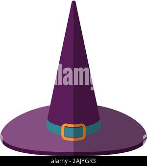 Vector Illustration einer Cartoon Halloween Hexe Hut, flacher Stil. Lila Magiers Hexe hut mit scharfen, um das obere Symbol. Flache Halloween Hexenhut mit Schnalle Stock Vektor