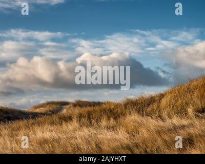 Dünen bei Sonnenaufgang in thyborön an der Westküste in Dänemark Stockfoto