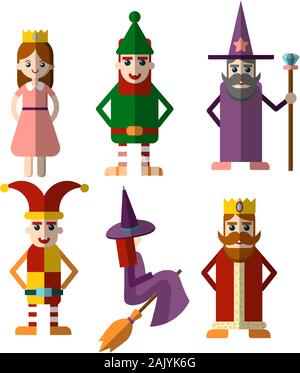 Flache Vektor einrichten Der fabelhafte Magie und Halloween Figuren - Prinzessin, König, Zauberer, Hexe und andere Persönlichkeiten für Spiele Ressourcen, auf isolierte Stock Vektor